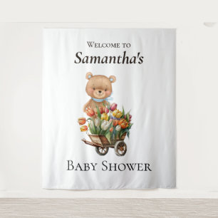 Teddy Bear Baby Shower Rustic Floral backdrop Tapestry