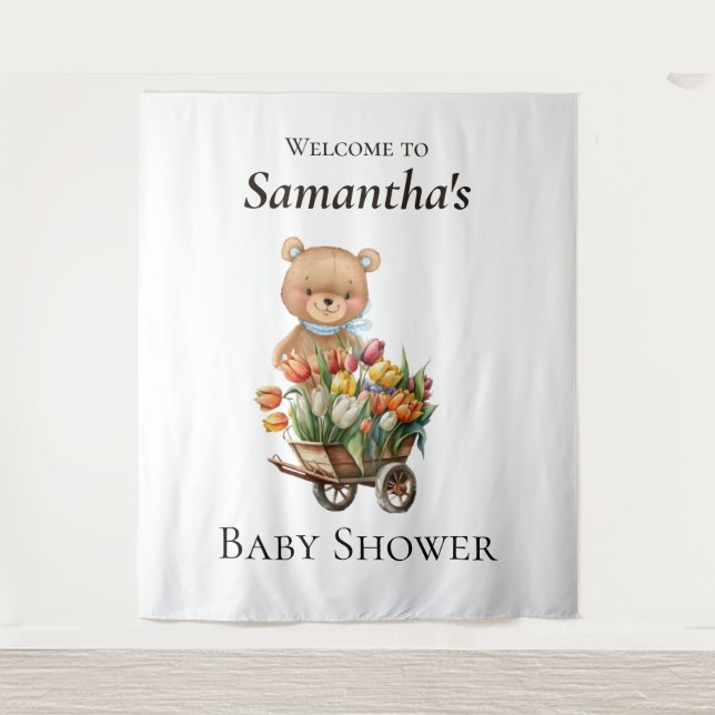 Teddy Bear Baby Shower Rustic Floral backdrop Tapestry (Front)