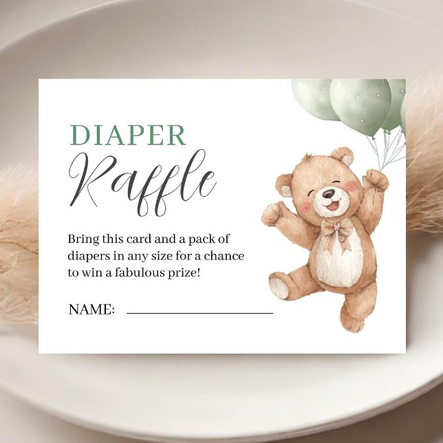 Teddy Bear Baby Shower Sage Green Diaper Raffle Enclosure Card (Creator Uploaded)