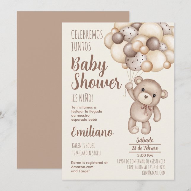 Teddy Bear Baby Shower Spanish Invitation (Front/Back)