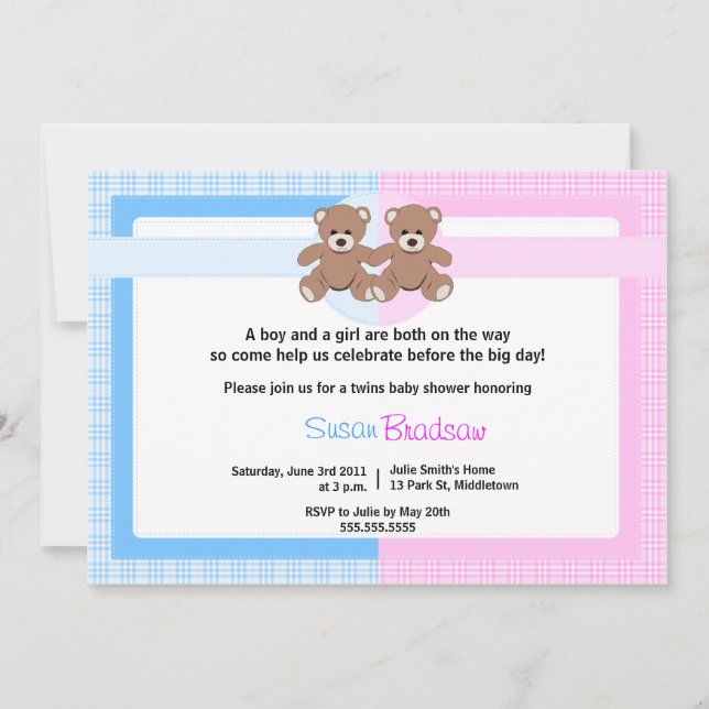Teddy Bear Baby Shower - Twin Boy and Girl Invitation (Front)
