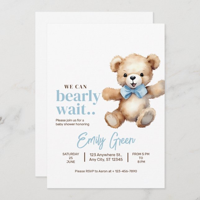 Teddy Bear Baby Shower, We Can Bearly Wait Boy  Invitation (Front/Back)