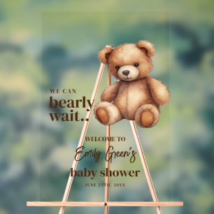 Teddy Bear Baby Shower We Can Bearly Wait minimal Acrylic Sign