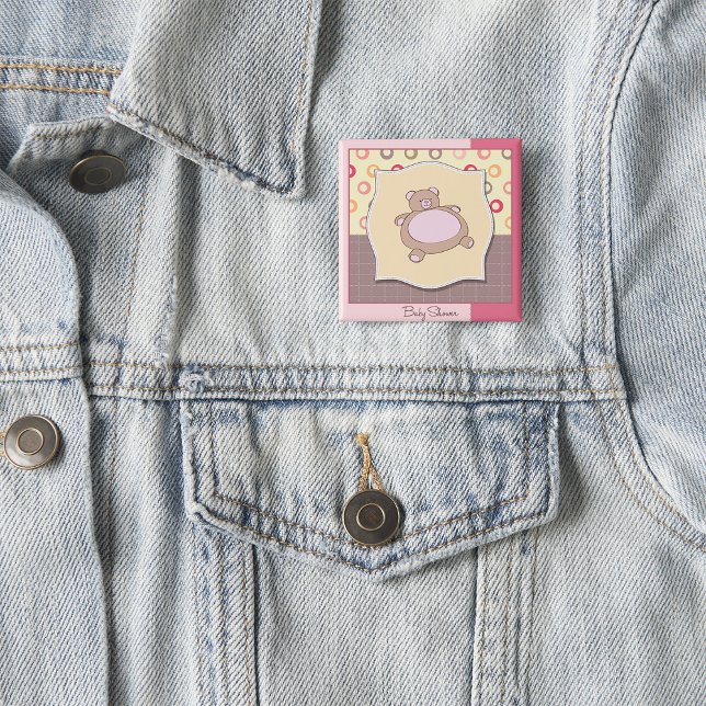 Teddy Bear Baby Shower with Retro Circles  15 Cm Square Badge (Creator Uploaded)