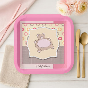 Teddy Bear Baby Shower with Retro Circles  Paper Plate