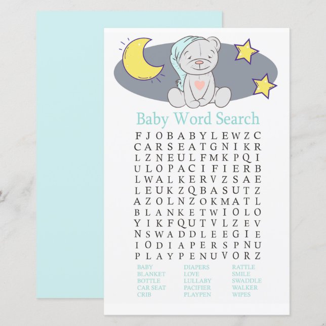 Teddy bear Baby Shower Word Search Game (Front/Back)