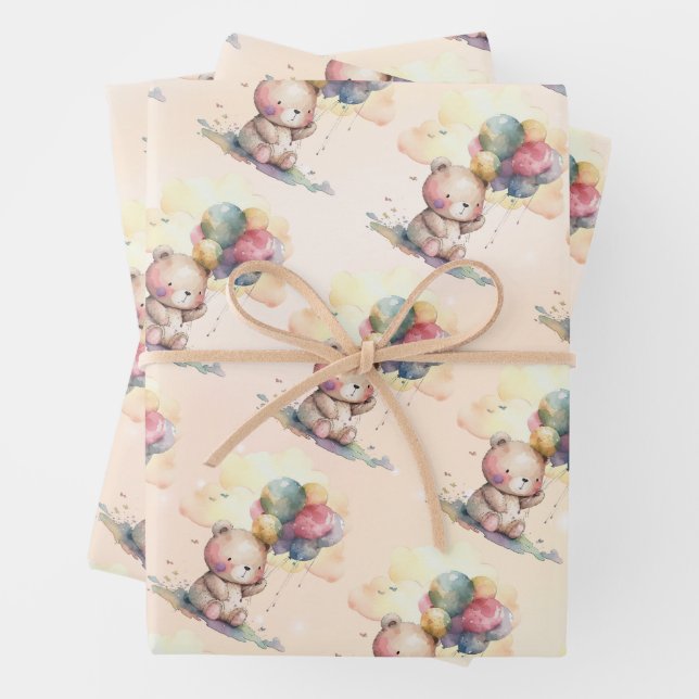 Teddy Bear Baby Shower Wrapping Paper Sheet (In situ)
