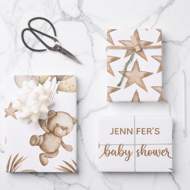 Teddy Bear Baby Shower Wrapping Paper Sheets (Front)