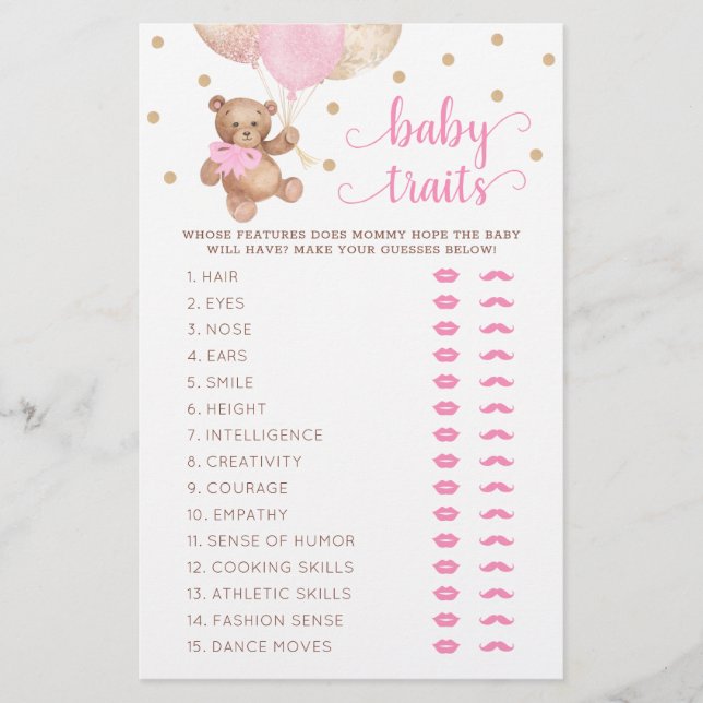 Teddy Bear Baby Traits Game Baby Shower  (Front)