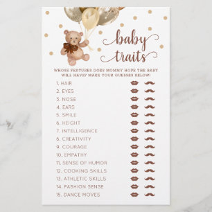 Teddy Bear Baby Traits Game Baby Shower