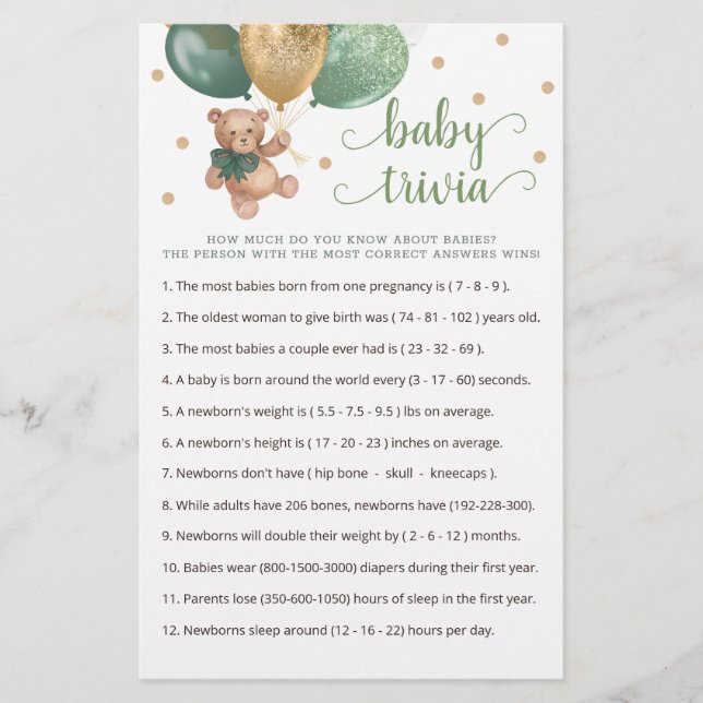 Teddy Bear Baby Trivia Game Baby Shower (Front)