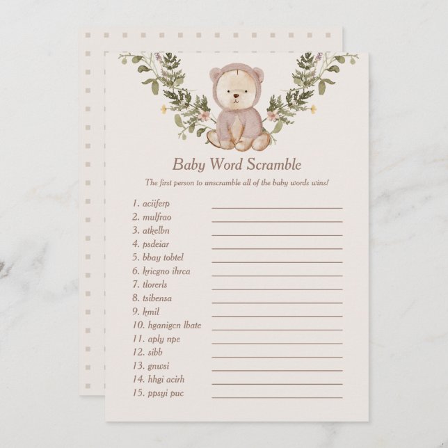Teddy Bear Baby Word Scramble Game Template (Front/Back)