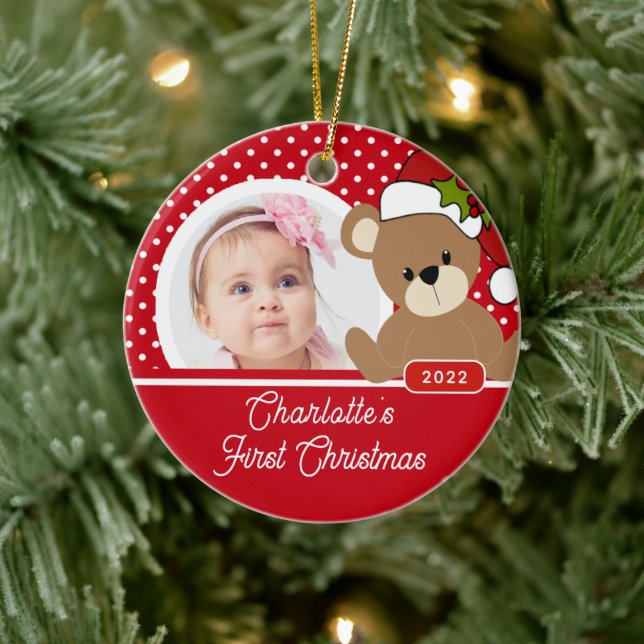 Teddy Bear Baby's First Christmas Photo Ceramic Tree Decoration (Tree)