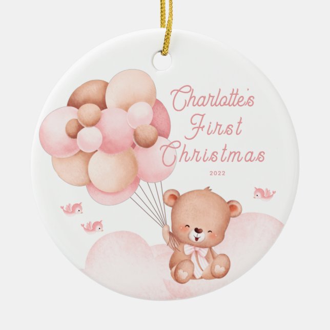 Teddy Bear Baby's First Christmas Photo Ceramic Tree Decoration (Front)