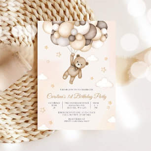 Teddy Bear Balloon 1st Birthday Invitation