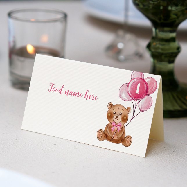Teddy Bear Balloon 1st Birthday Tent Place Card (Creator Uploaded)