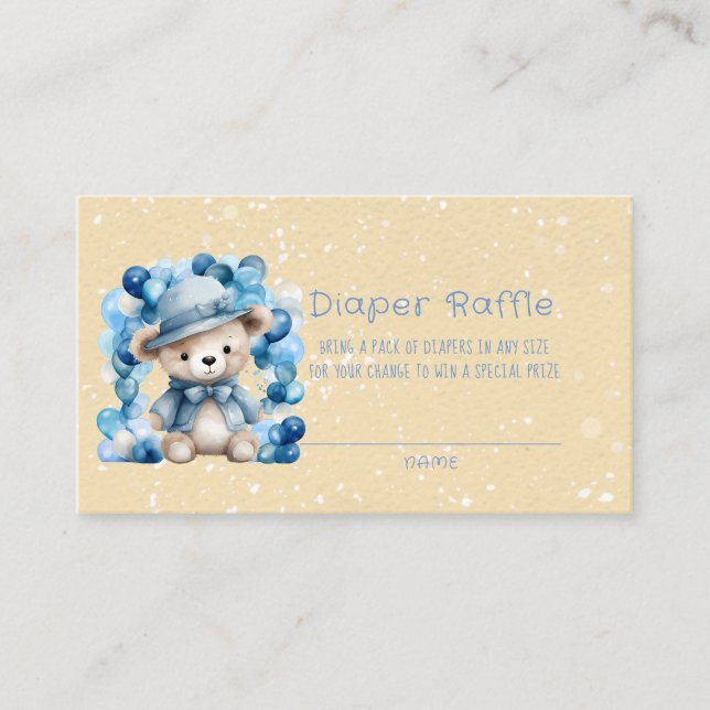 Teddy Bear Balloon Arch Boy Diaper Raffle Business Card (Front)