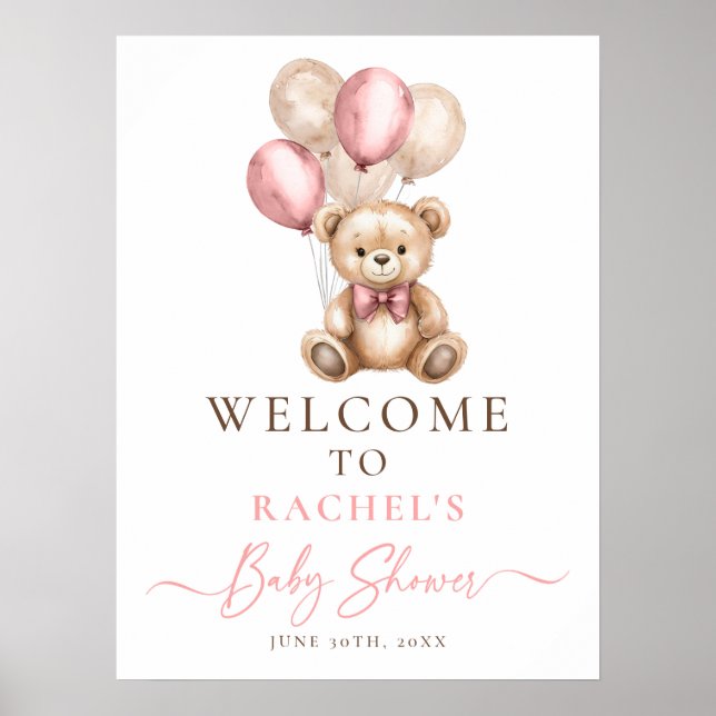 Teddy Bear Balloon Baby Girl Shower Welcome Poster (Front)