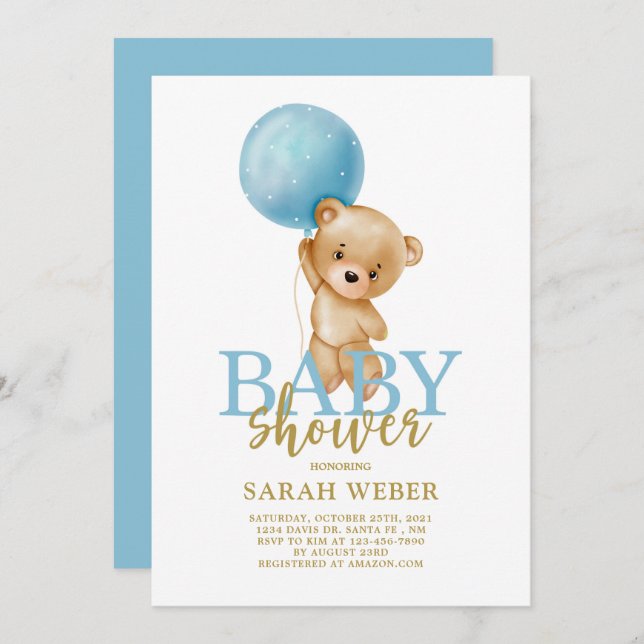 Teddy bear balloon baby shower boy invitation (Front/Back)