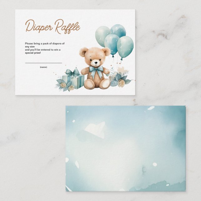 Teddy Bear Balloon Baby Shower Diaper Raffle Enclosure Card (Front/Back)