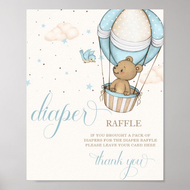 Teddy Bear Balloon Baby Shower Diaper Raffle Sign (Front)