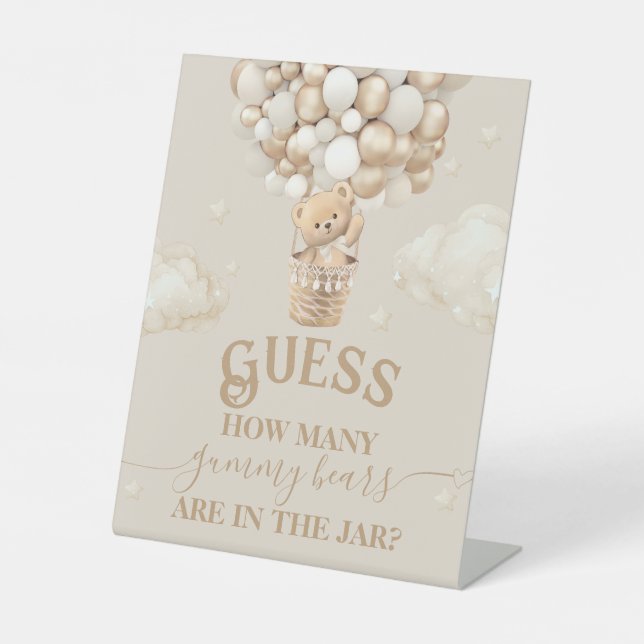 Teddy Bear Balloon Baby Shower guess game Pedestal Sign (Front)