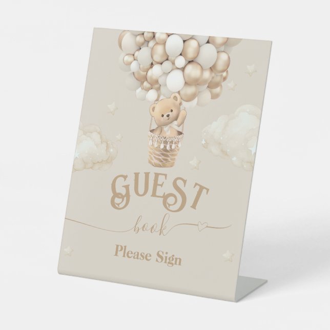 Teddy Bear Balloon Baby Shower guest book Pedestal Sign (Front)