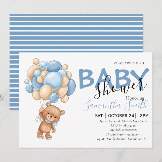 Teddy Bear Balloon Baby Shower Invitations  (Front/Back)