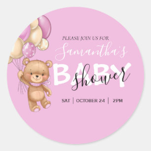 Teddy Bear Balloon Baby Shower Invitations  Classi Classic Round Sticker