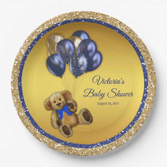 Teddy Bear Balloon Baby Shower Paper Plates (Front)