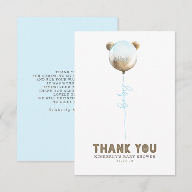 Teddy Bear Balloon Baby Shower Small Thank You (Front/Back)