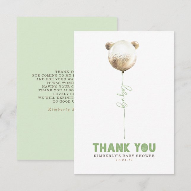 Teddy Bear Balloon Baby Shower Small Thank You (Front/Back)