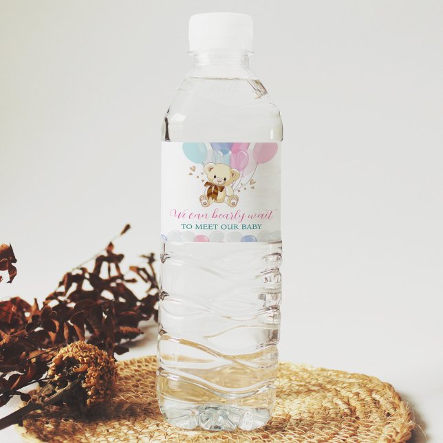 Teddy Bear Balloon Baby Shower Water Bottle Label (Creator Uploaded)