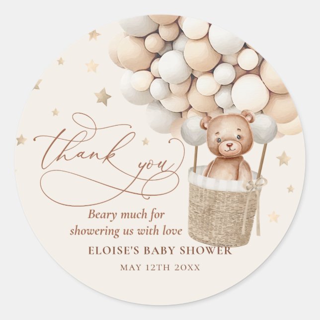 Teddy Bear Balloon Bearly Wait Baby Shower Favour Classic Round Sticker (Front)