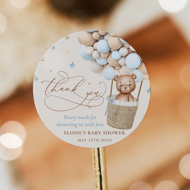 Teddy Bear Balloon Bearly Wait Baby Shower Favour Classic Round Sticker (Creator Uploaded)