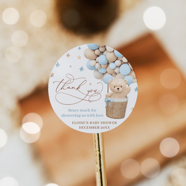 Teddy Bear Balloon Bearly Wait Baby Shower Favour Classic Round Sticker (Creator Uploaded)