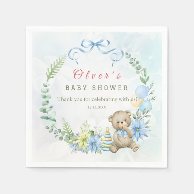 Teddy Bear Balloon Bearly Wait Baby Shower  Napkin (Front)