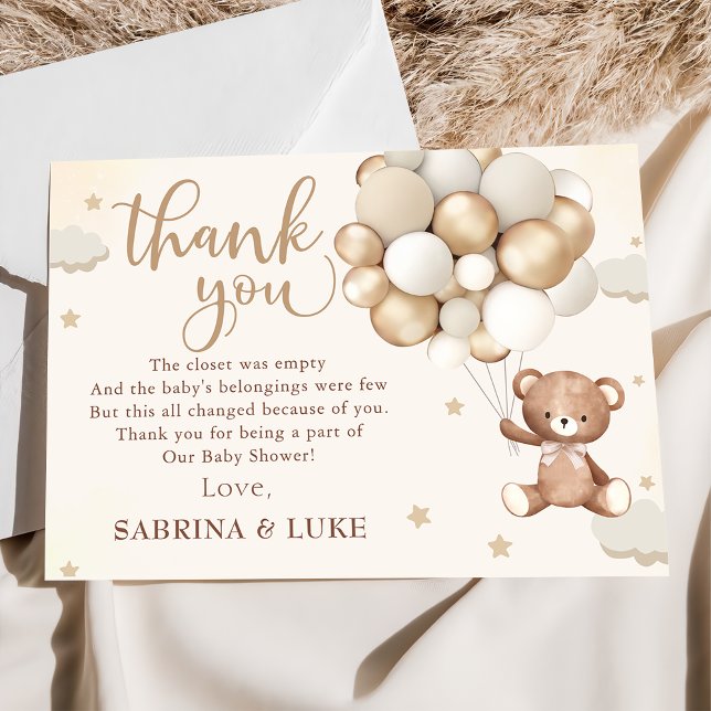 Teddy Bear Balloon Bearly Wait Baby Shower Thank You Card (Creator Uploaded)