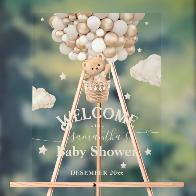 Teddy Bear Balloon Bearly Wait Baby Shower welcome Acrylic Sign (Neutral)