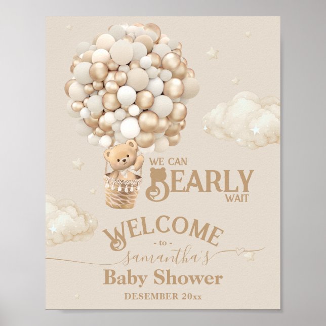 Teddy Bear Balloon Bearly Wait Baby Shower welcome Poster (Front)
