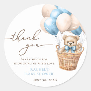 Teddy Bear Balloon Bearly Wait Blue Baby Shower Classic Round Sticker