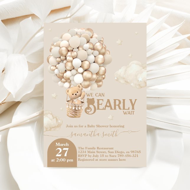Teddy Bear Balloon Bearly Wait neutral Baby Shower Invitation (Creator Uploaded)