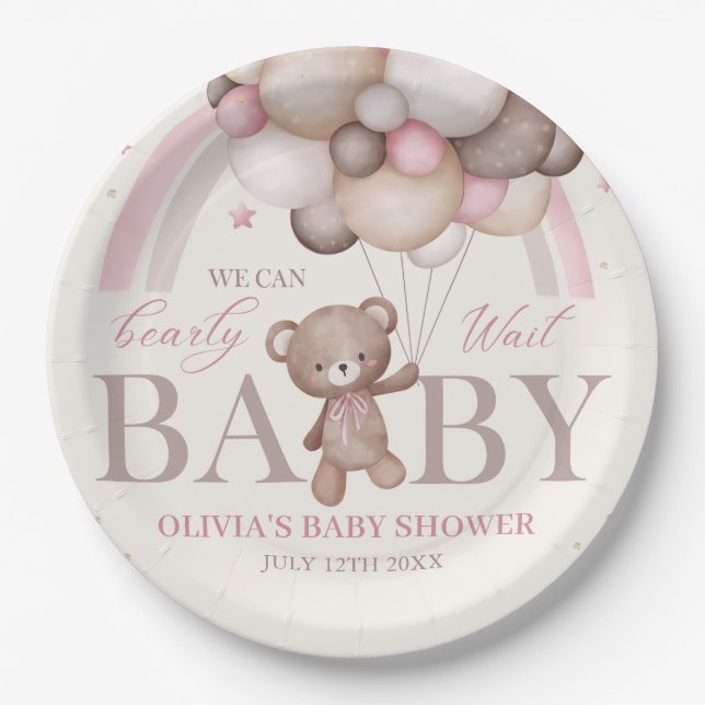Teddy Bear Balloon Bearly Wait Pink Baby Shower Paper Plate (Front)