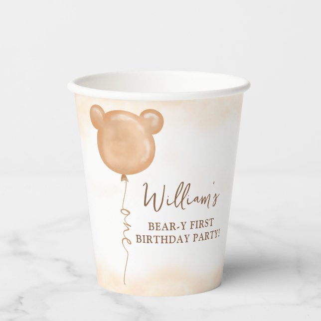 Teddy Bear Balloon Beary First Birthday Party Paper Cups (Front)