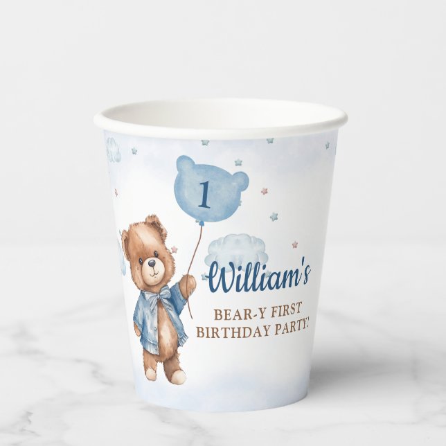 Teddy Bear Balloon Beary First Birthday Party Paper Cups (Front)