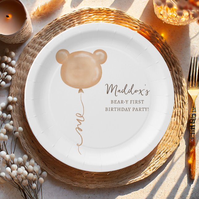 Teddy Bear Balloon Beary First Birthday Party Paper Plate (Creator Uploaded)