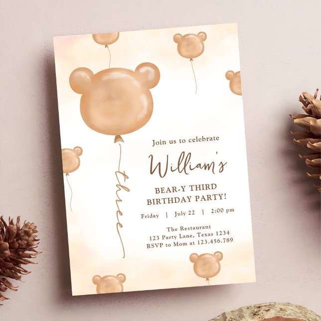 Teddy Bear Balloon Beary Third Birthday Party Invitation (Creator Uploaded)