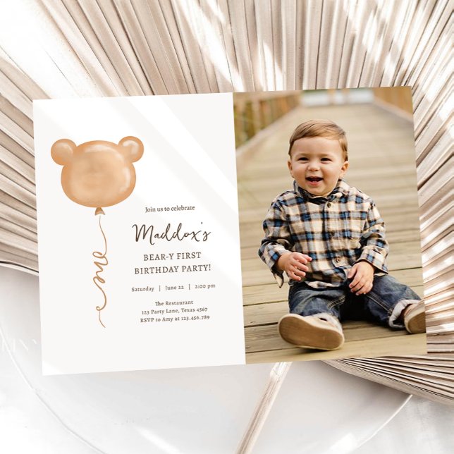 Teddy Bear Balloon Beary-Y First Birthday Party Invitation (Creator Uploaded)