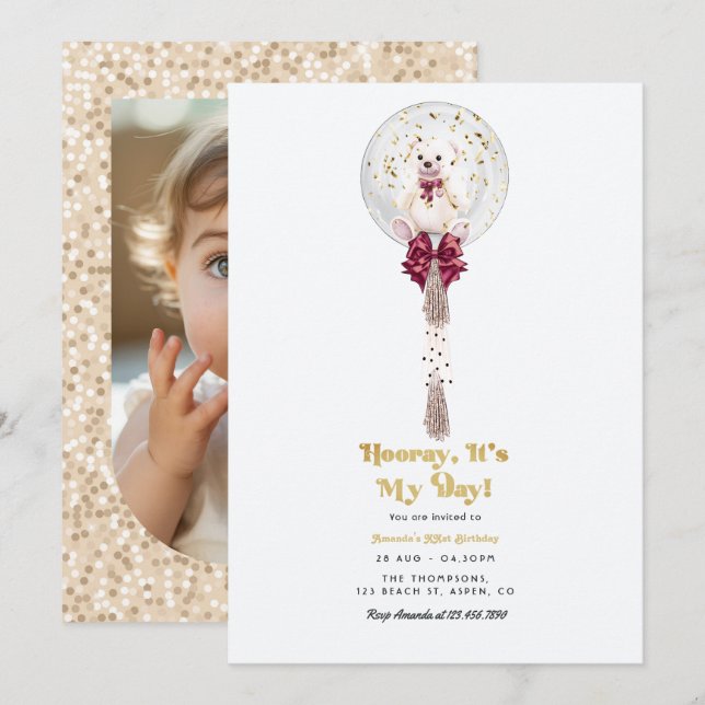 Teddy Bear Balloon Birthday Party Invitation (Front/Back)