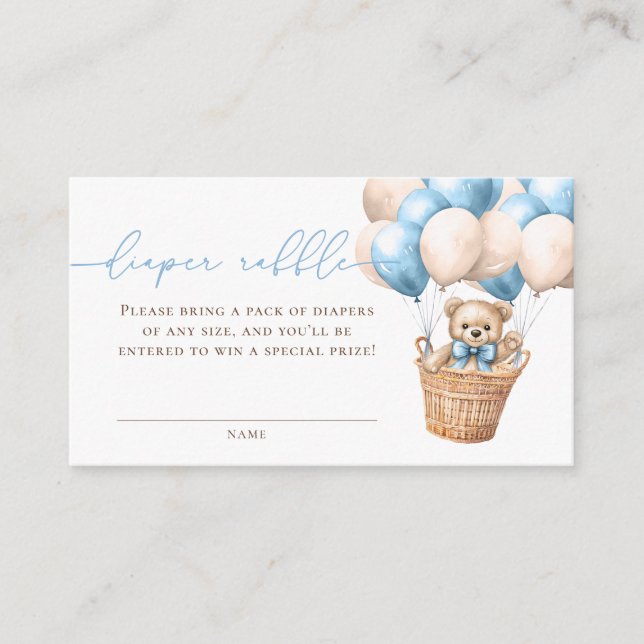 Teddy Bear Balloon Blue Baby Shower Diaper Raffle Enclosure Card (Front)